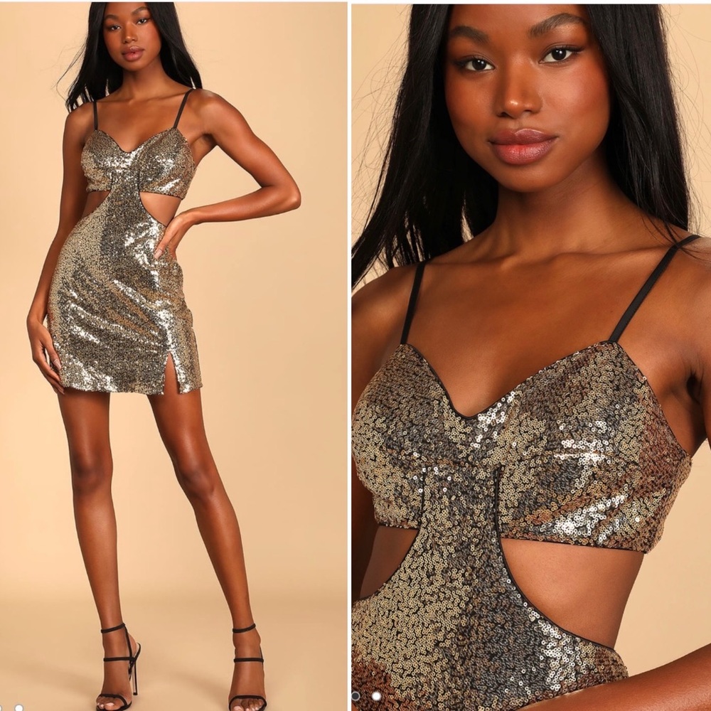 NWT Lulus Luxe Gold Sequin Cutout Bodycon Mini Dress.